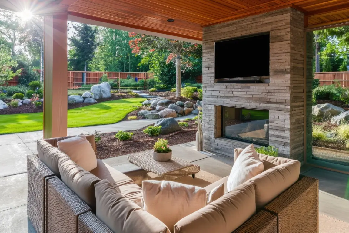 Covered Patio with Fireplace, Lush Yard, and Relaxing Entertainment Area.