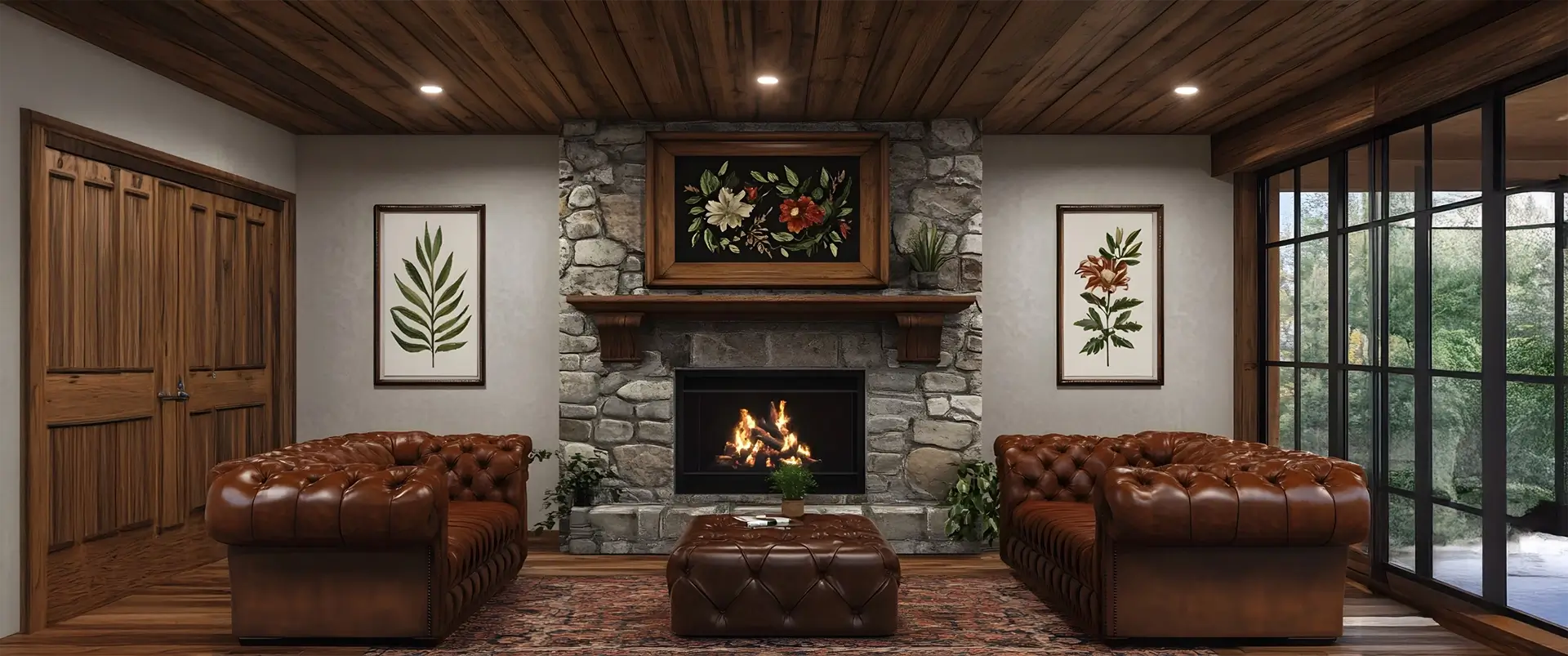Cozy and Inviting Farmhouse Style Living Room Interior with Exposed Wood Ceiling Stone Fireplace with Wooden Mantel.
