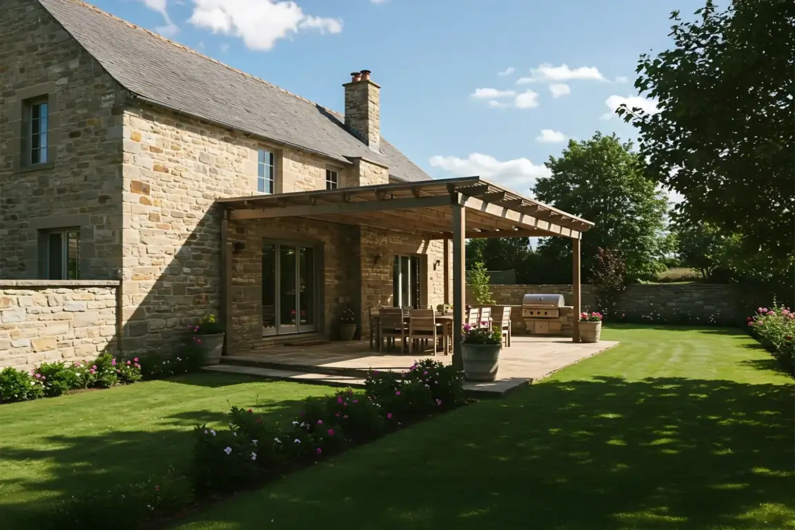 Luxurious Stone Farmhouse with Expansive Patio and Pergola.