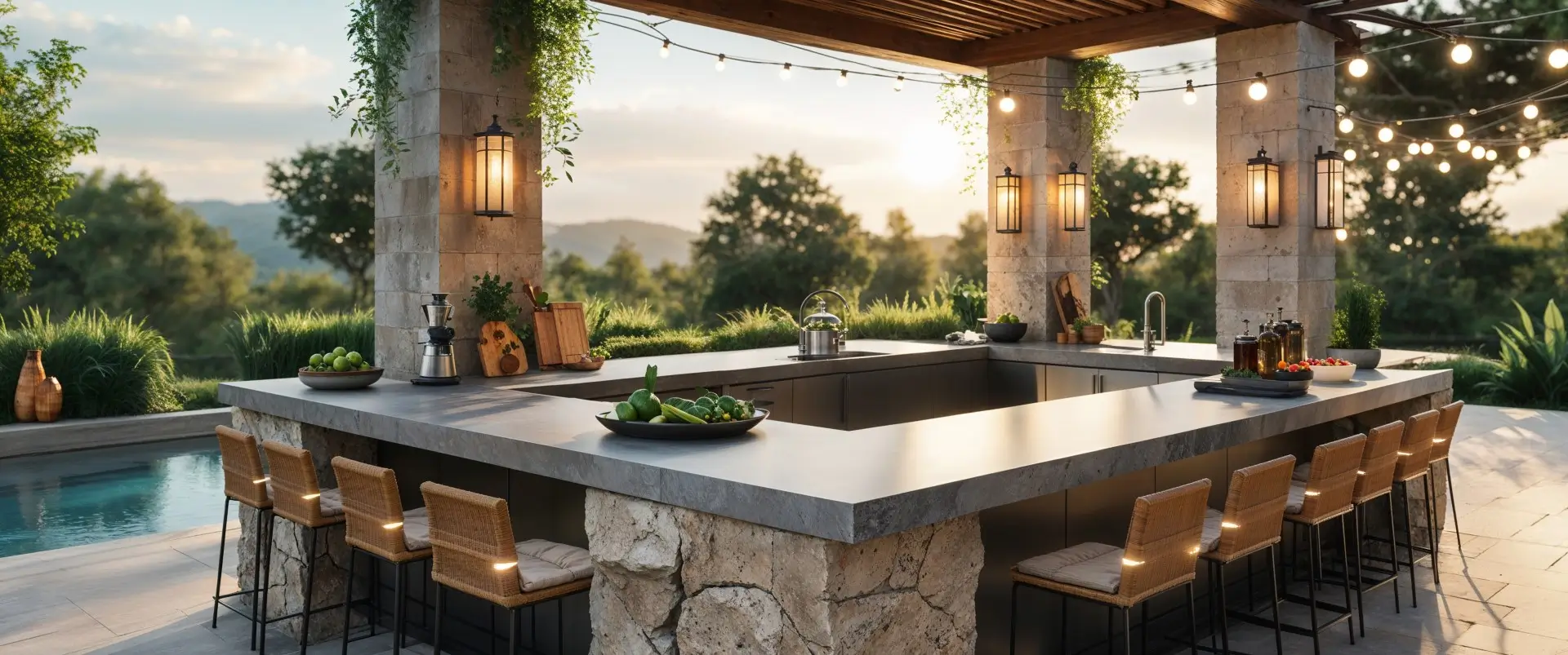 Luxury outdoor kitchen and bar with stone structure and beautiful sunset scenery.