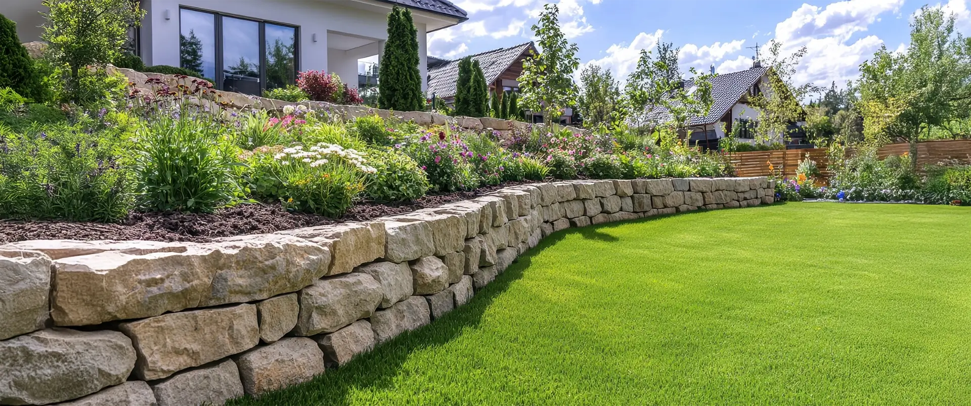 Stone Wall Retaining Wall Garden Landscape Design.