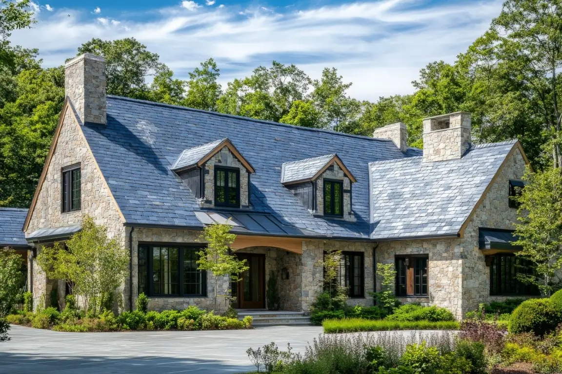 This elegant stone house features a spacious landscaped garden and classic architecture, highlighted by its detailed masonry and welcoming atmosphere.