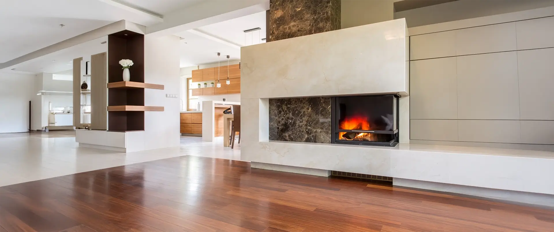 Warmth and luxury of an elegant fireplace.