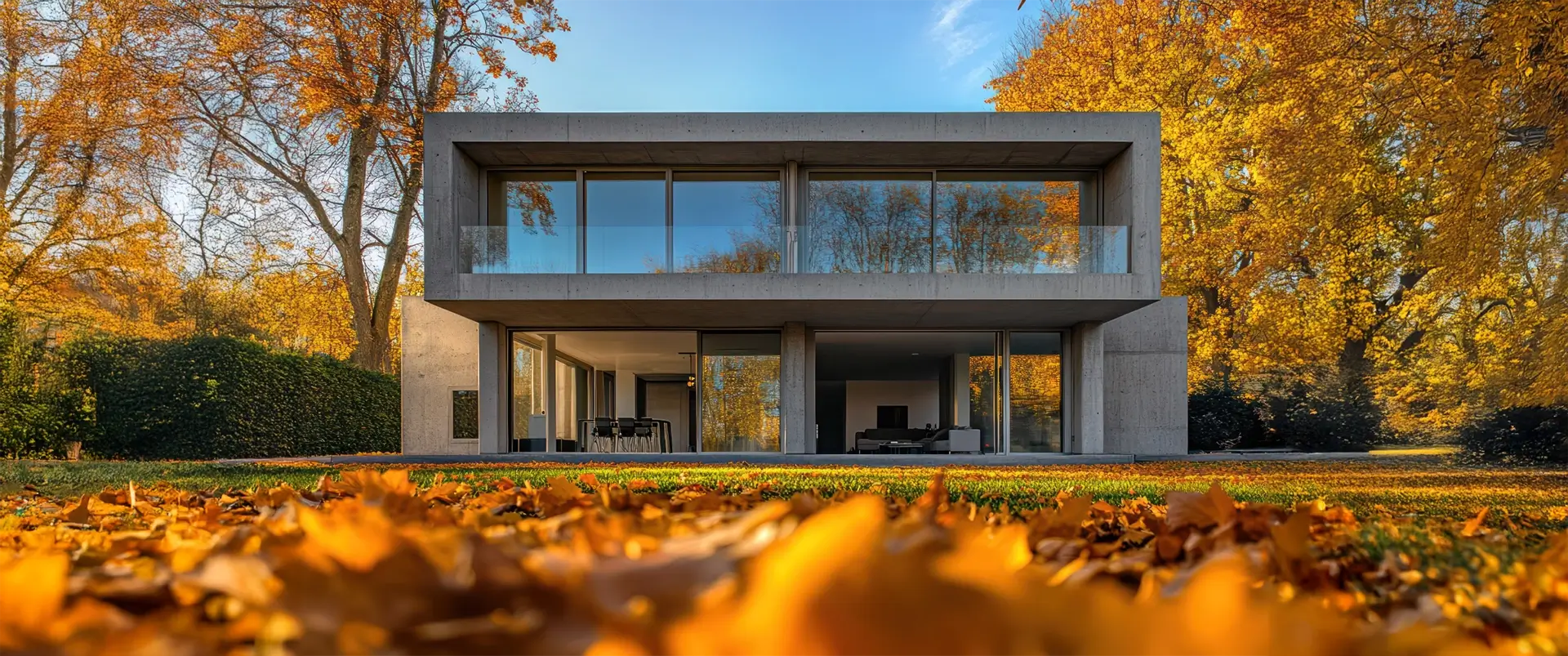 A modern concrete house with wide glass windows, surrounded by golden autumn leaves.