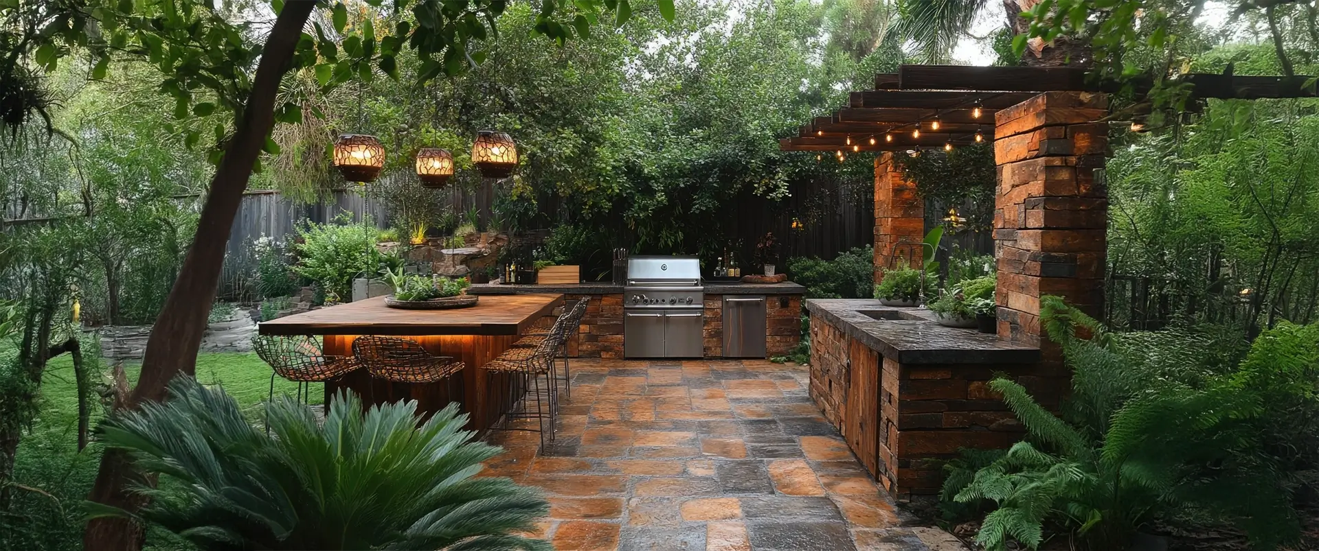 Modern outdoor kitchen featuring stainless steel grill and wooden cabinets in luxurious backyard setting.
