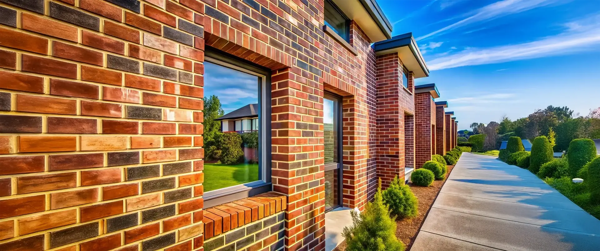 Modern town homes with brick veneer siding.