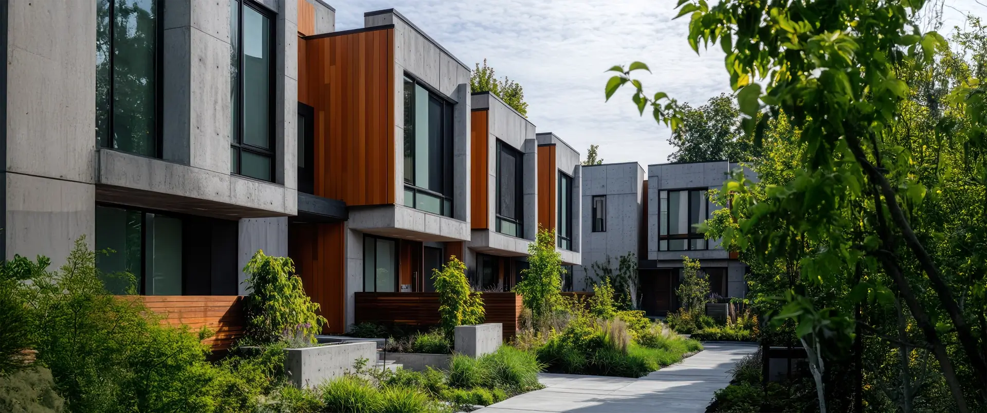 Neutral-toned townhouses with a combination of concrete block work and wood textures, bordered by low-maintenance greenery.