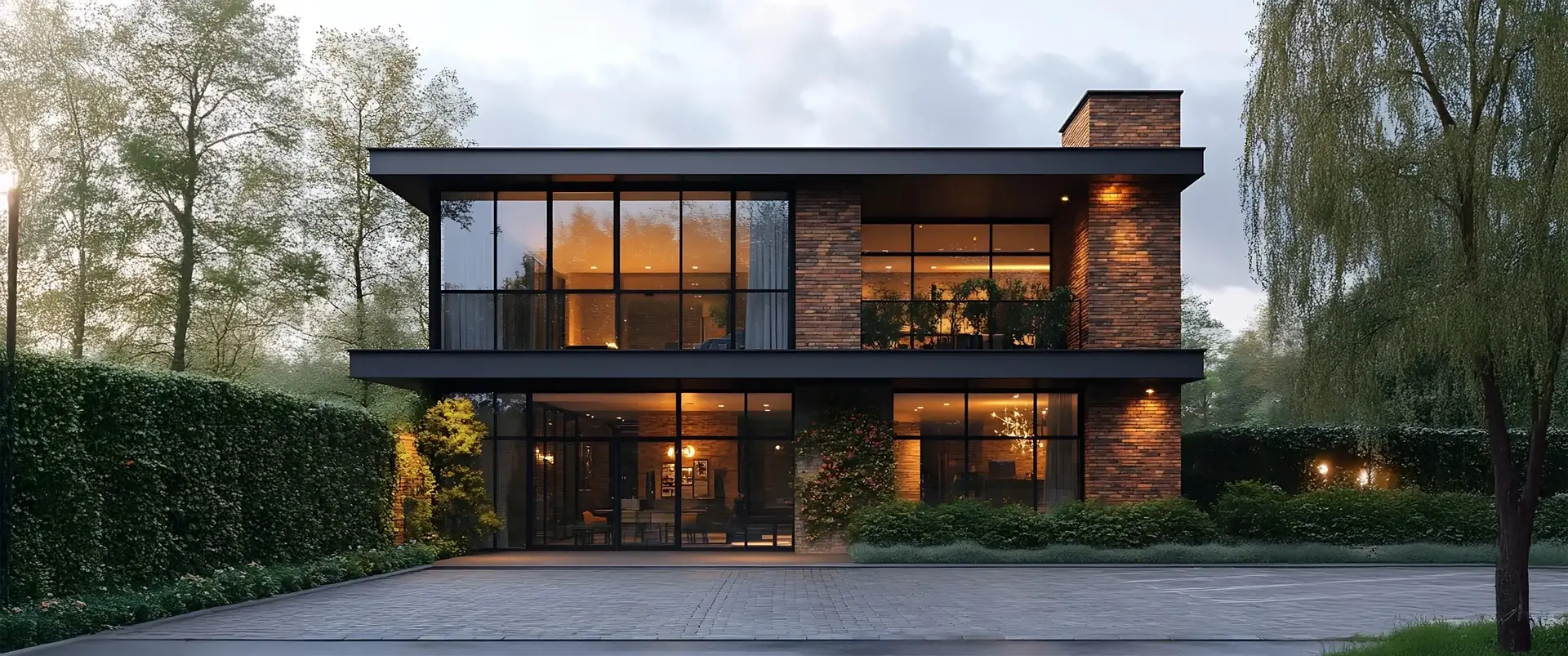 Stunning Modern House with Brick Facade and Large Windows at Dusk Showing Interior Warmth and Contemporary Design.