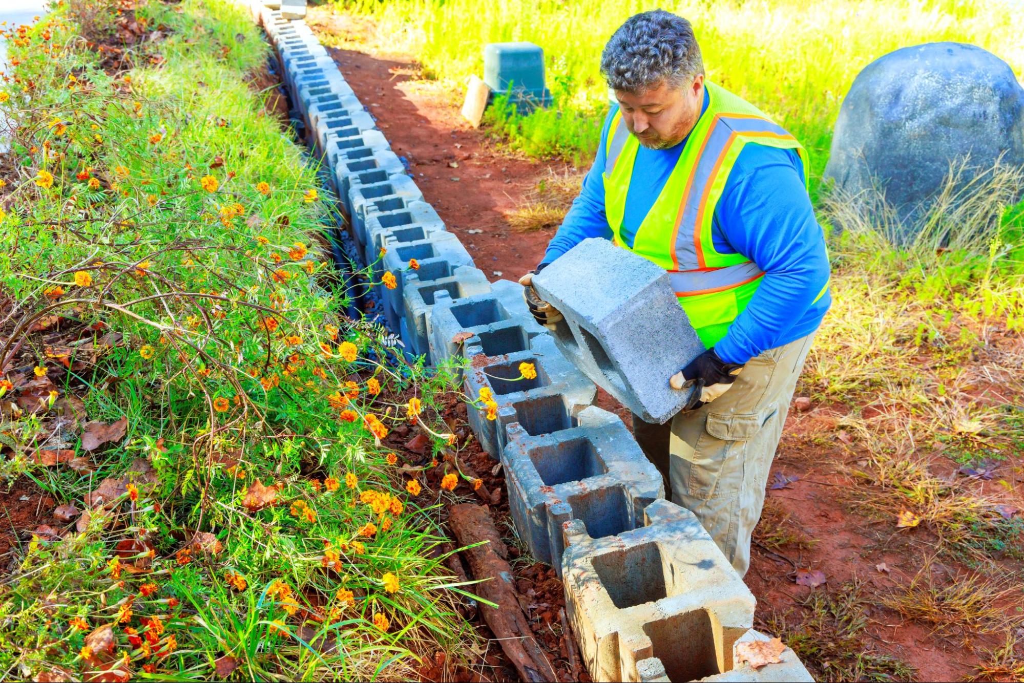 A construction worker stacks concrete blocks to build a retaining wall.