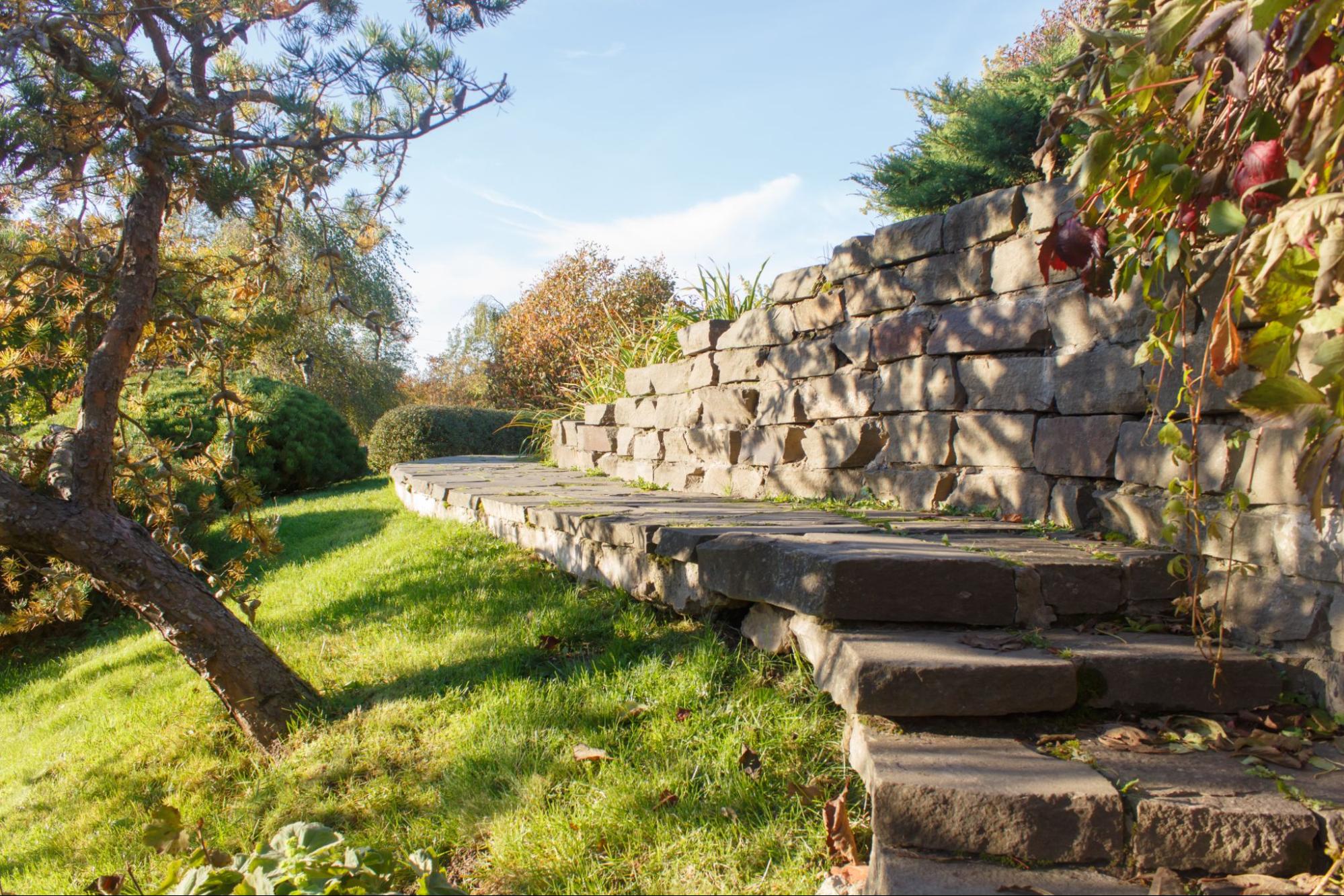 A backyard walking path with a stone retaining wall.
