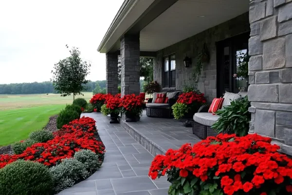 A beautiful porch adorned with red flowers and stone work.