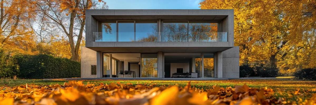 A modern concrete house with wide glass windows, surrounded by golden autumn leaves.