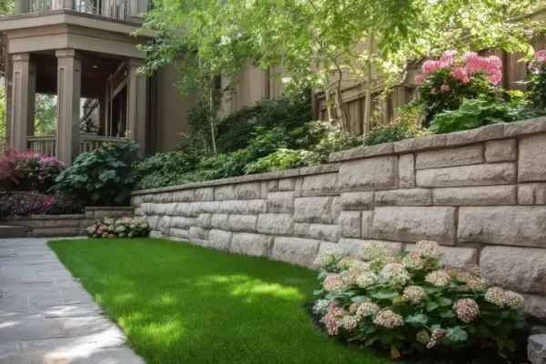 A stunning image of landscaping with retaining walls and flowerbeds in residential house backyard.