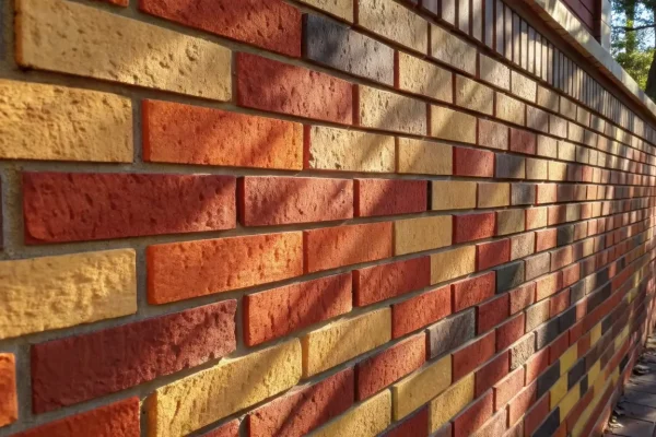 A vibrant sunlit scene of partially completed brick veneer on a wall with shadows playing across the bricks revealing depth and the rich colors of the materials.