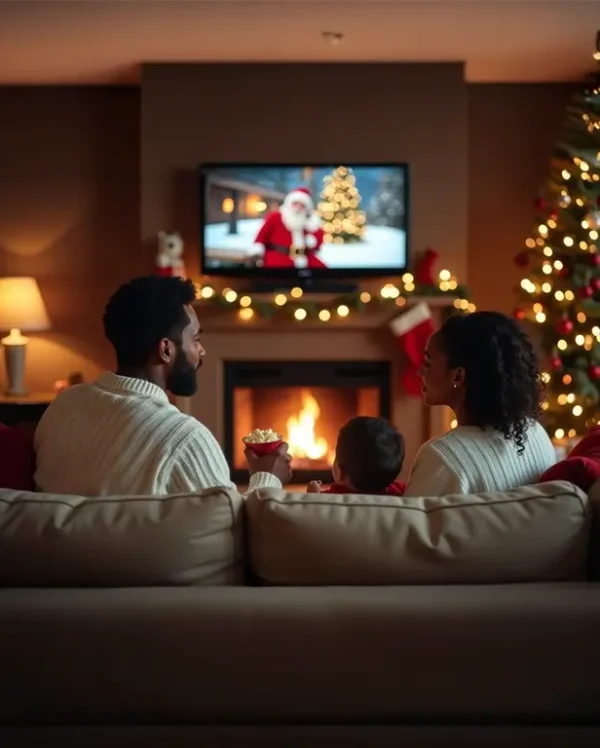 African American family mom, dad, kid in white sweaters watching traditional New Year's movies at Christmas in a cozy atmosphere lady in front of the fireplace.