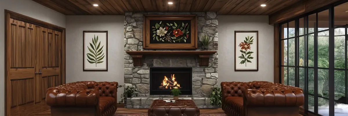 Cozy and Inviting Farmhouse Style Living Room Interior with Exposed Wood Ceiling Stone Fireplace with Wooden Mantel.