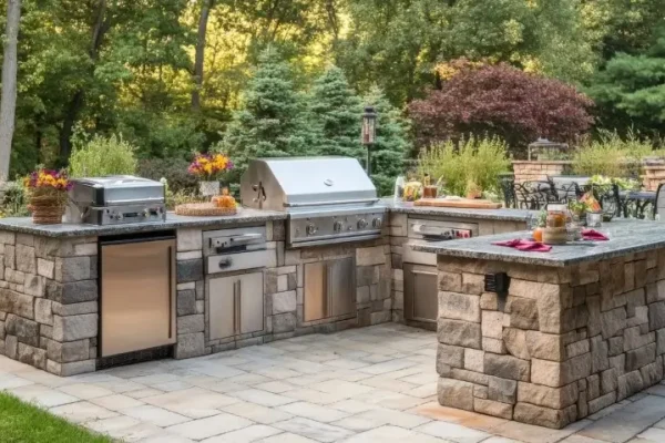 Elegant Outdoor Kitchen and Patio in a Lush Backyard Garden.