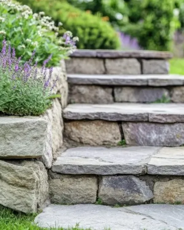 Garden features stone steps and a retaining wall.