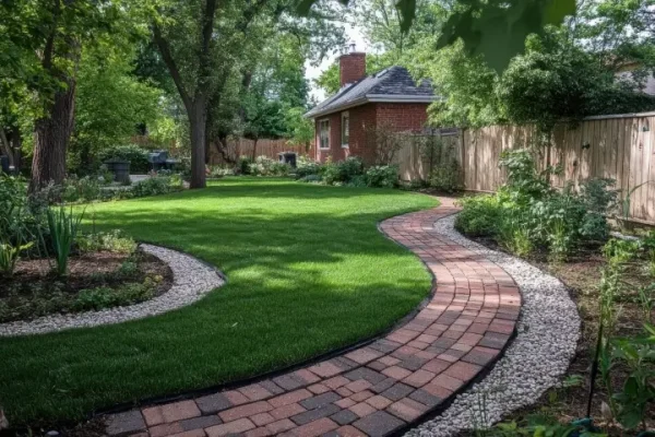 Landscaping work, laying sod, brick pathway, decorative gravel border.