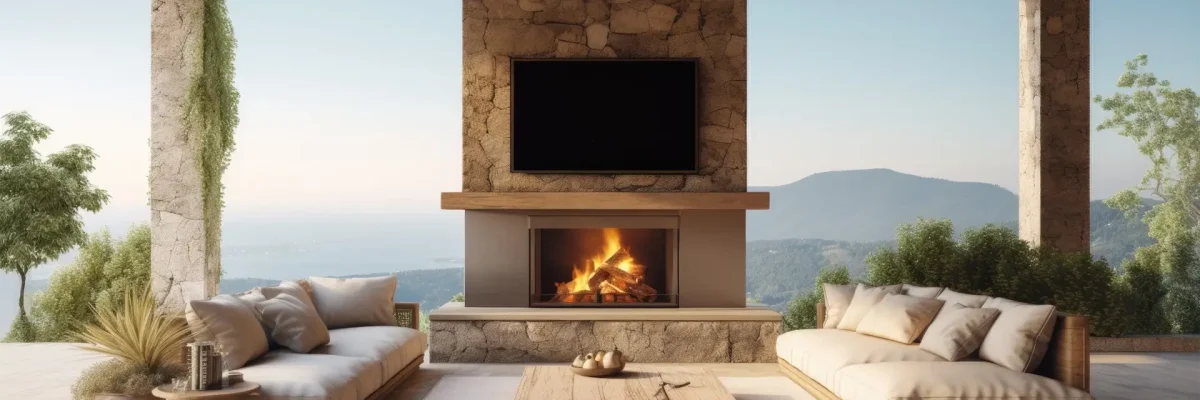 Luxurious outdoor living space with stone fireplace TV rug and sofa.