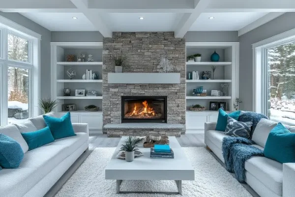 Modern living room with light gray and turquoise accents, featuring stone fireplace, cozy seating arrangement, and decorative shelves. Elegant home decor with plush carpet and white rug.