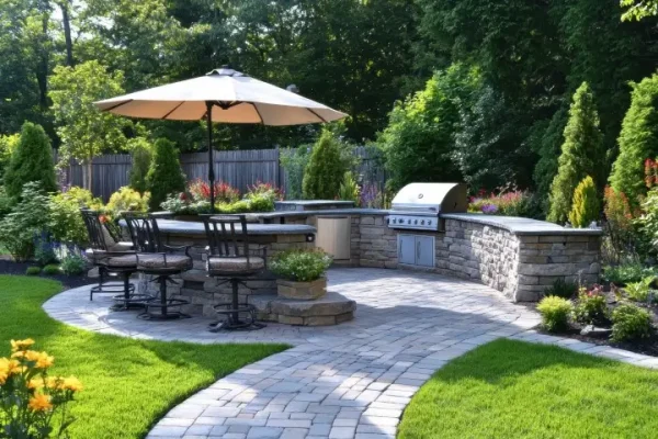 Outdoor kitchen with a grill and seating area.