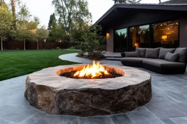This image highlights a beautiful stone fire pit surrounded by lush green grass, providing an inviting and serene atmosphere for outdoor gatherings and relaxation.