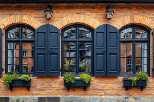Three arched windows with dark shutters and planters on a brick tuck pointed wall.