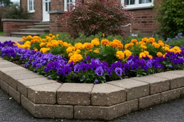 Vibrant Flowerbed Displays Blooming Pansies and Marigolds in a Landscaped Garden.
