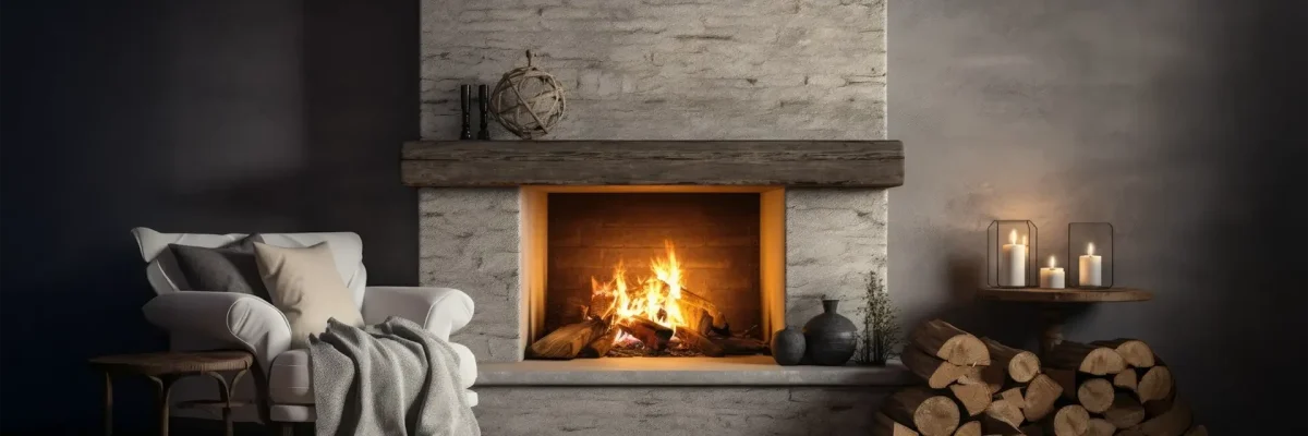 photo of a cozy fireplace with stonewall.